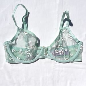 Savage X Fenty Puff Daisy Unlined Bra 32D Mint Hint Underwire Sheer Mesh